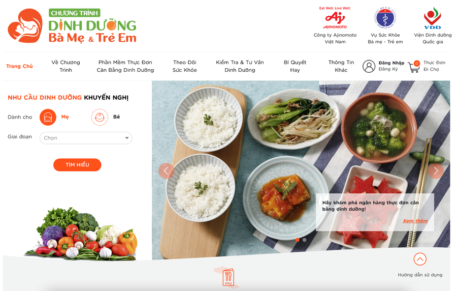 Giao diện phần mềm tại website dinhduongmevabe.com.vn.