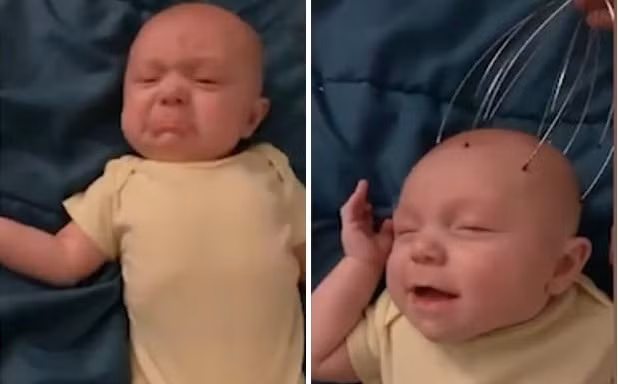 Vừa mới mếu máo nhưng cậu bé đã cười thích thú vì được mát xa đầu.