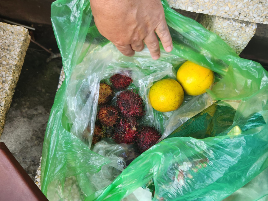 Số trái cây anh Đậu mang theo để "tiếp sức" cho con. Ảnh: Lường Toán. Số trái cây anh Đậu mang theo để "tiếp sức" cho con. Ảnh: Lường Toán.