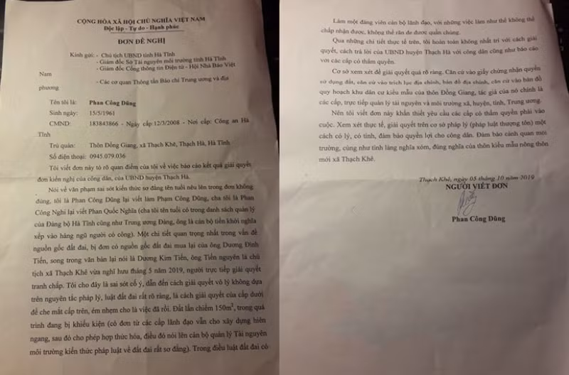 Đơn kiến nghị gửi Chủ tịch UBND tỉnh Hà Tĩnh của ông Phan Công Dũng.