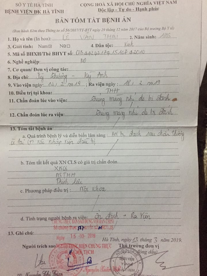 Kết quả thăm khám tại Bệnh viện Đa khoa Hà Tĩnh cho thấy anh Thái bị thủng màng nhĩ do bị đánh. Kết quả thăm khám tại Bệnh viện Đa khoa Hà Tĩnh cho thấy anh Thái bị thủng màng nhĩ do bị đánh.