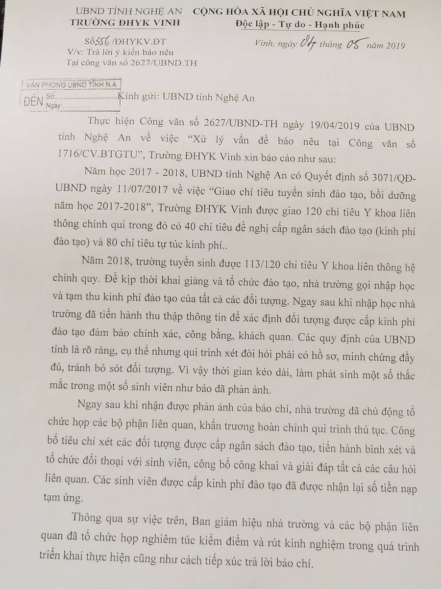 Công văn trả lời vấn đề báo nêu gửi UBND tỉnh Nghệ An
