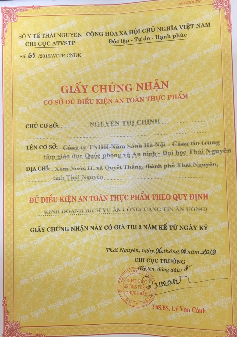 Giấy giấy Chứng nhận cơ sở đủ điều kiện an toàn thực phẩm của công ty TNHH Năm Sánh Hà Nội