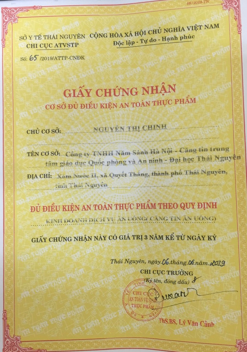 Giấy giấy Chứng nhận cơ sở đủ điều kiện an toàn thực phẩm của công ty TNHH Năm Sánh Hà Nội