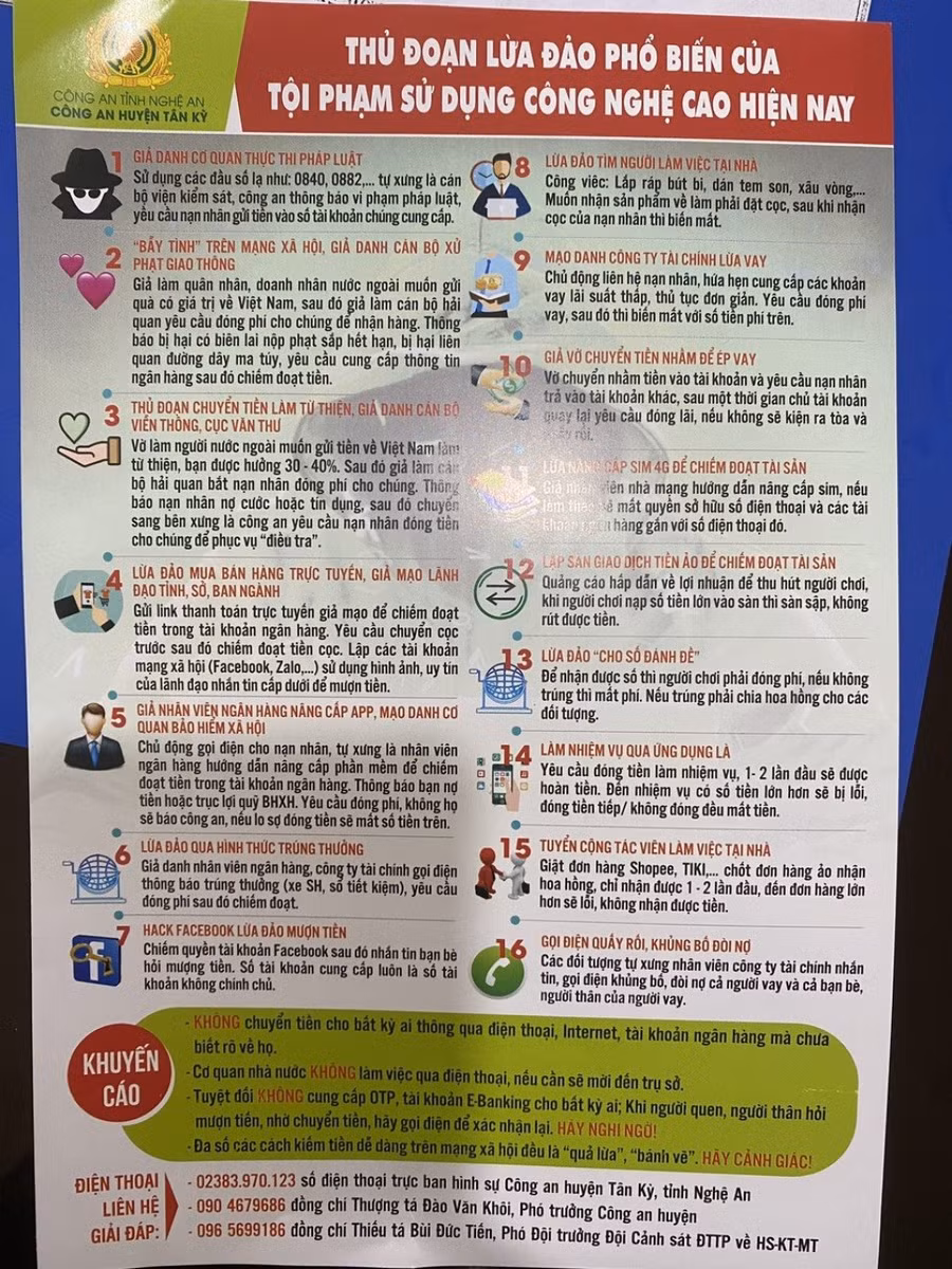 Tờ rơi tuyên truyền của Công an xã Nghĩa Phúc về các thủ đoạn tội phạm sử dụng công nghệ cao.