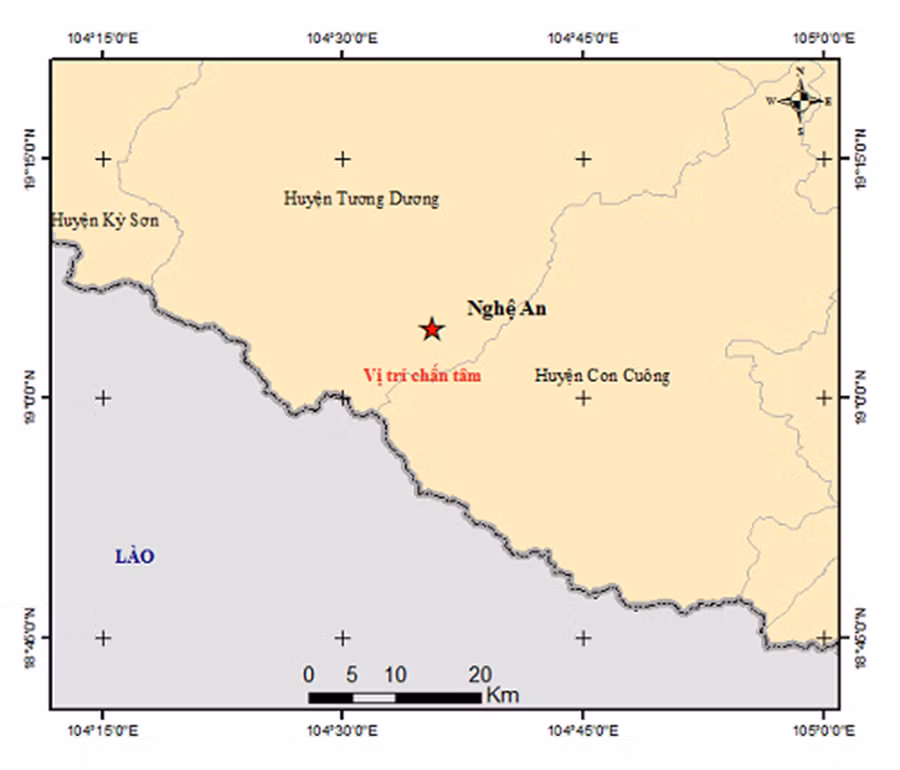 Bản đồ tâm chấn động đất tại huyện Tương Dương xảy ra vào chiều nay.