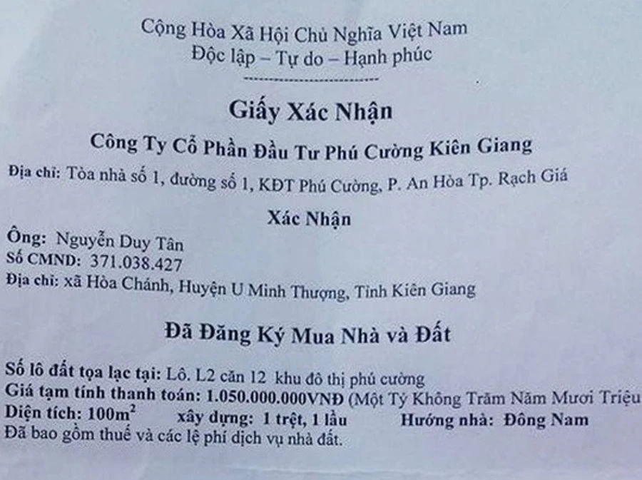 Cơ quan chức năng ban đầu xác định ông Tân đã làm giả giấy xác nhận đăng ký mua nhà và đất.