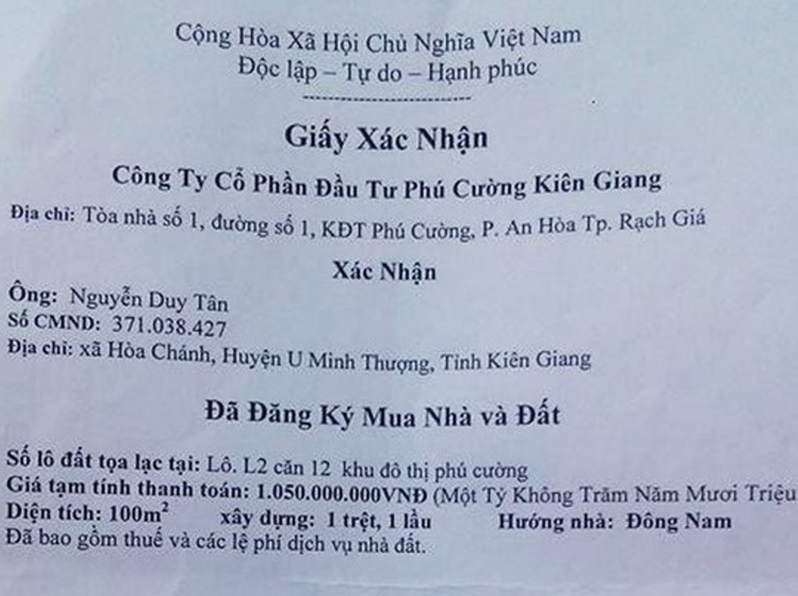 Cơ quan chức năng ban đầu xác định ông Tân đã làm giả giấy xác nhận đăng ký mua nhà và đất.