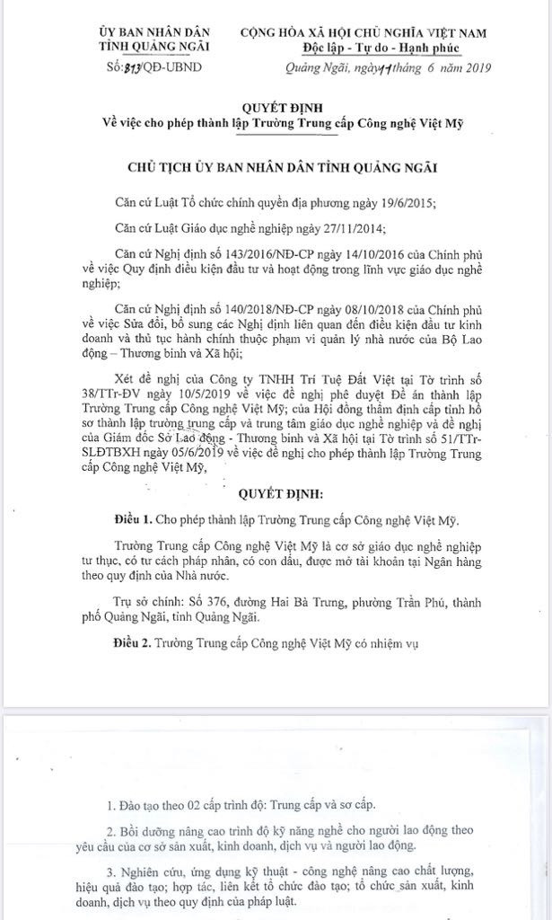 Quyết định thành lập Trường Trung cấp Công nghệ Việt Mỹ Quyết định thành lập Trường Trung cấp Công nghệ Việt Mỹ