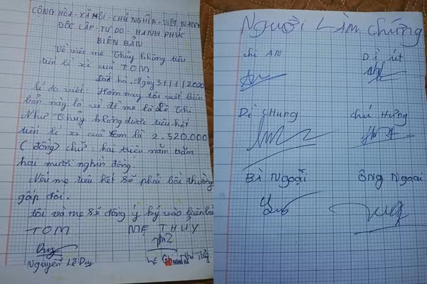 Biên bản cam kết giữa cậu bé và mẹ.