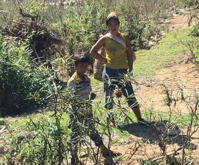 Em La Văn Cánh theo mẹ đi hái măng. Đoàn vận động và được gia đình hứa sẽ sớm đưa Cánh ra trường.