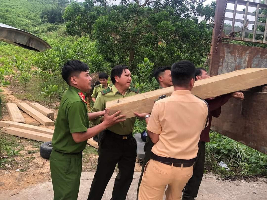 Lực lượng chức năng tạm giữ số gỗ lậu để tiếp tục điều tra, làm rõ. Ảnh: CQCA. Lực lượng chức năng tạm giữ số gỗ lậu để tiếp tục điều tra, làm rõ. Ảnh: CQCA.