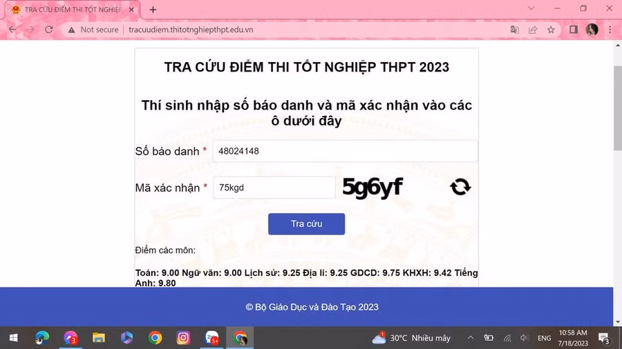Điểm thi của Đỗ Huỳnh Thanh Thảo