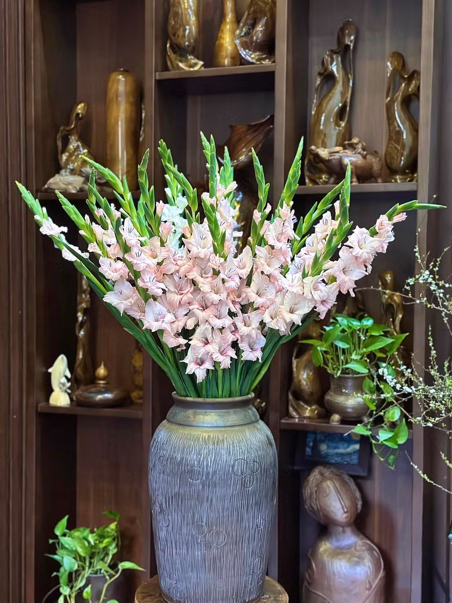 Dơn cắm chum gốm sành, nếu không cắm gác cành toả đều có thể cắm hình rẻ quạt 1 hướng.