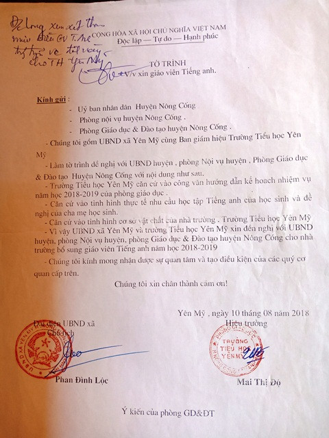 Tờ trình của UBND xã Yên Mỹ và Trường Tiểu học Yên Mỹ, huyện Nông Cống về tình trạng không có giáo viên Tiếng Anh Tờ trình của UBND xã Yên Mỹ và Trường Tiểu học Yên Mỹ, huyện Nông Cống về tình trạng không có giáo viên Tiếng Anh