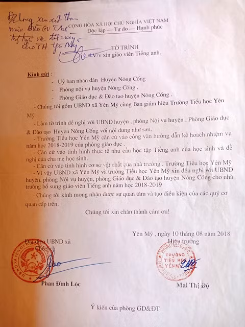 Tờ trình của UBND xã Yên Mỹ và Trường Tiểu học Yên Mỹ, huyện Nông Cống về tình trạng không có giáo viên Tiếng Anh