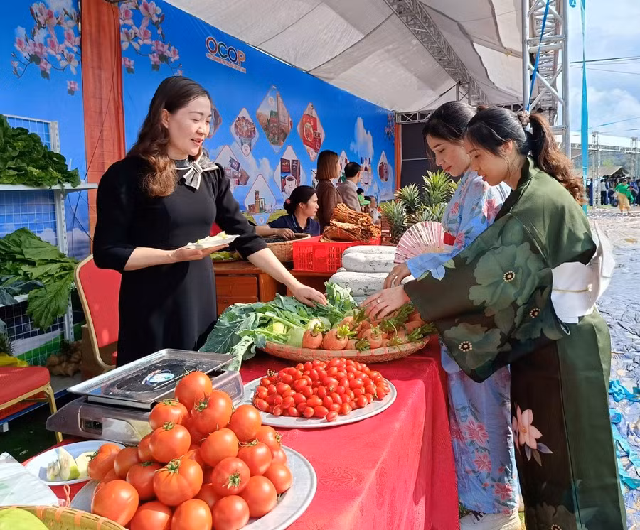 Gian hàng nông sản trưng bày tại Lễ hội Hoa anh đào.
