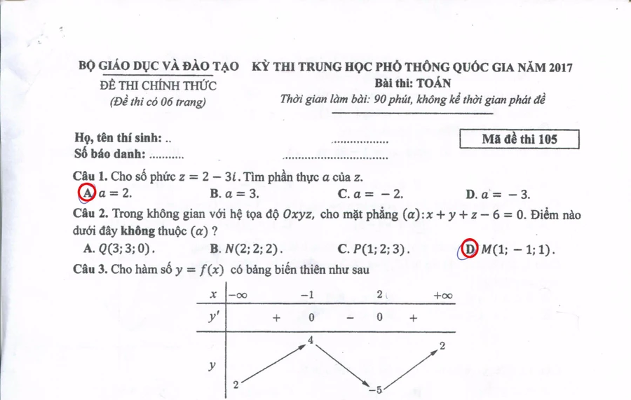 Bài giải môn Toán THPT quốc gia 2017 (Mã đề 105) 