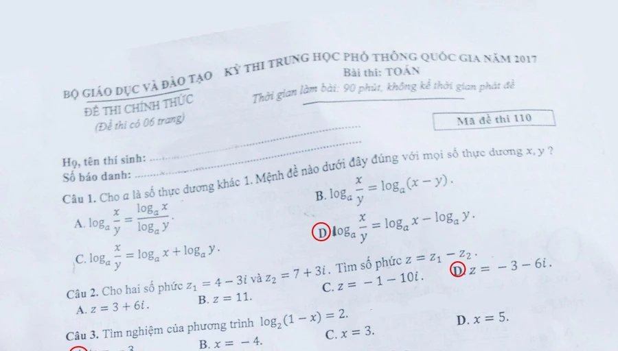 Bài giải môn Toán THPT quốc gia 2017 (Mã đề 110) 