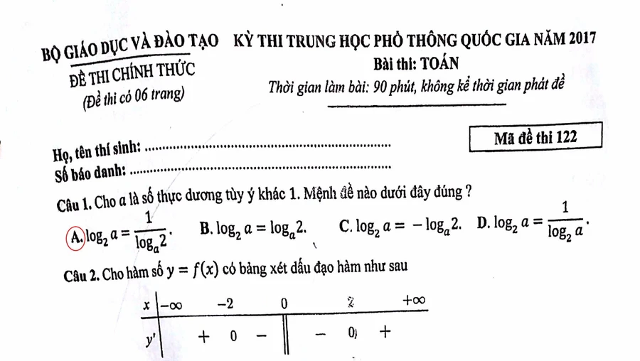 Bài giải môn Toán THPT quốc gia 2017 (Mã đề 122) 