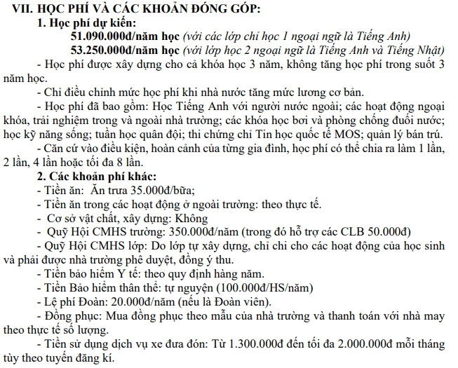 Một số thông tin về các khoản thu dự kiến của học sinh trong năm học 2022-2023.