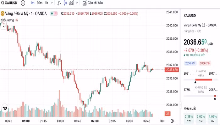 Biểu đồ biến động giá vàng trong 24 giờ qua.