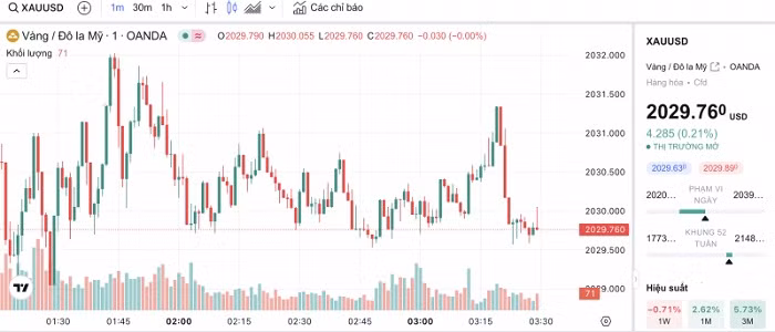 Biểu đồ biến động giá vàng trong 24 giờ qua