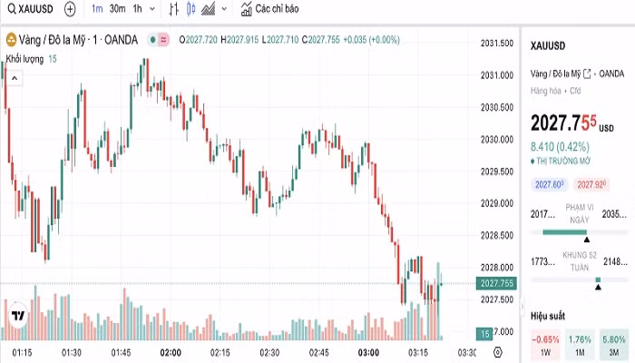 Biểu đồ biến động giá vàng trong 24 giờ qua