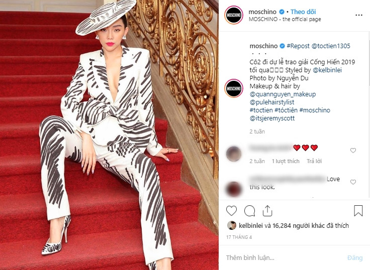 Trang chính thức của nhà mốt Moschino đăng ảnh Tóc Tiên “chất lừ”.