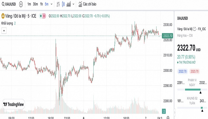 Biểu đồ biến động giá vàng trong 24 giờ qua