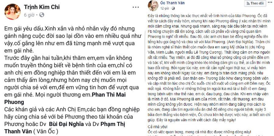 Nhiều nghệ sĩ đăng tải kêu gọi ủng hộ Mai Phương Nhiều nghệ sĩ đăng tải kêu gọi ủng hộ Mai Phương
