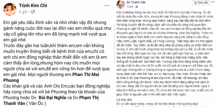 Nhiều nghệ sĩ đăng tải kêu gọi ủng hộ Mai Phương Nhiều nghệ sĩ đăng tải kêu gọi ủng hộ Mai Phương