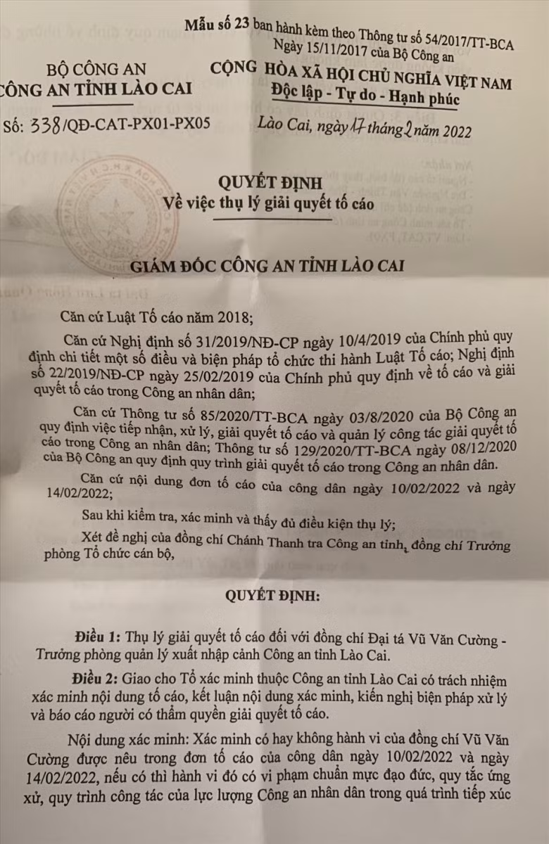 Công an tỉnh Lào Cai ban hành Quyết định thụ lý giải quyết tố cáo.
