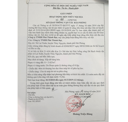 Giấy phép hoạt động do Sở GTVT Hải Phòng cấp