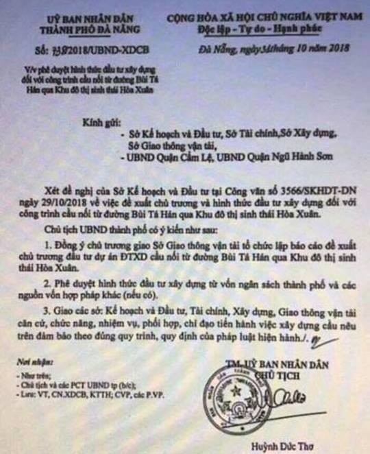 Văn bản với nội dung phê duyệt chủ trương và hình thức đầu tư xây dựng công trình cầu nối từ đường Bùi Tá Hán qua khu đô thị Hòa Xuân (TP Đà Nẵng) đang lan truyền trên mạng xã hội là hoàn toàn giả mạo. Văn bản với nội dung phê duyệt chủ trương và hình thức đầu tư xây dựng công trình cầu nối từ đường Bùi Tá Hán qua khu đô thị Hòa Xuân (TP Đà Nẵng) đang lan truyền trên mạng xã hội là hoàn toàn giả mạo.