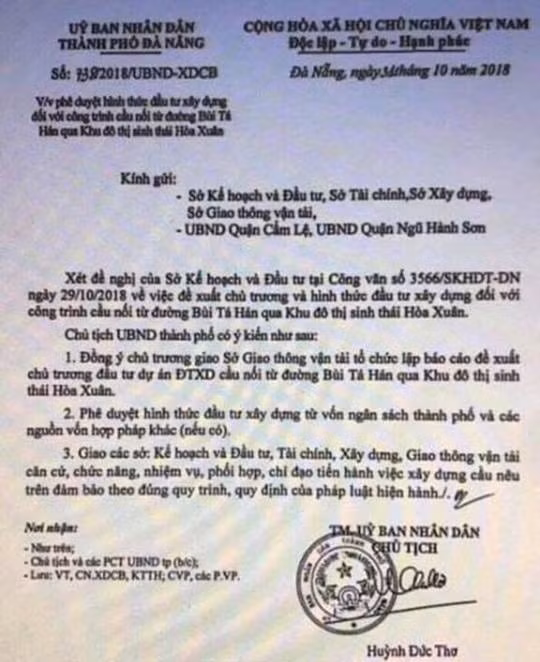 Văn bản với nội dung phê duyệt chủ trương và hình thức đầu tư xây dựng công trình cầu nối từ đường Bùi Tá Hán qua khu đô thị Hòa Xuân (TP Đà Nẵng) đang lan truyền trên mạng xã hội là hoàn toàn giả mạo.