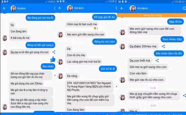 Những đoạn tin nhắn của con gái giả nhắn tin lừa chị Bình.