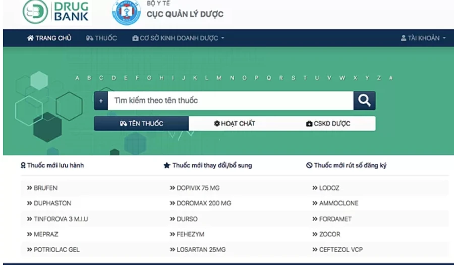 Website ngân hàng dữ liệu ngành dược, Bộ Y tế.