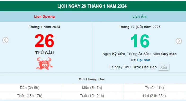 Lịch âm hôm nay - Xem lịch âm ngày 26/1