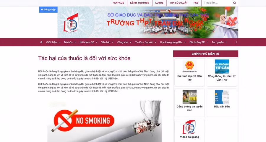 Bài tuyên truyền phòng, chống tác hại thuốc lá trên website Trường THPT Trần Đại Nghĩa, quận Cái Răng (TP Cần Thơ).