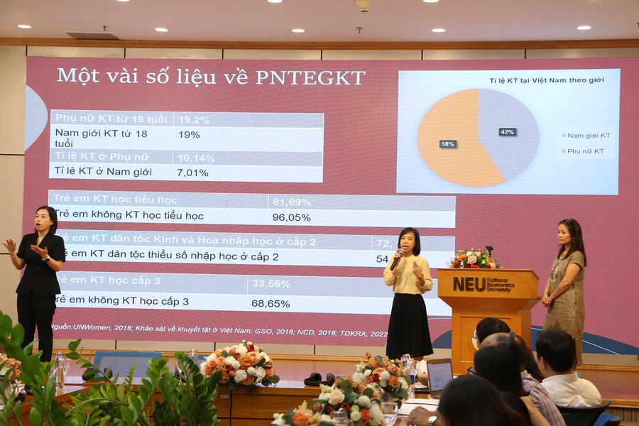 Từ phải qua: PGS.TS Nguyễn Xuân Thủy đến từ Đại học Carleton và Th.sĩ Bùi Thị Thanh Hòa chia sẻ một số kết quả nghiên cứu ban đầu của dự án.