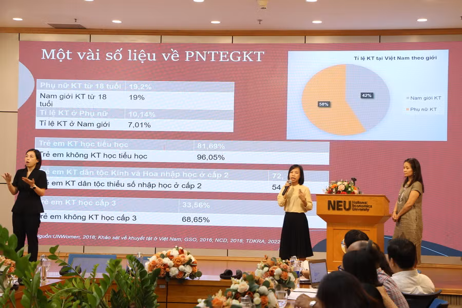 Từ phải qua: PGS.TS Nguyễn Xuân Thủy đến từ Đại học Carleton và Th.sĩ Bùi Thị Thanh Hòa chia sẻ một số kết quả nghiên cứu ban đầu của dự án.