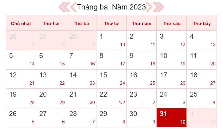 Xem lịch âm ngày mai 31/3 