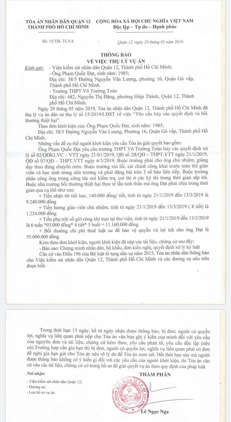 Thông báo về việc thụ lý vụ án của Tòa án nhân dân quận 12, TPHCM