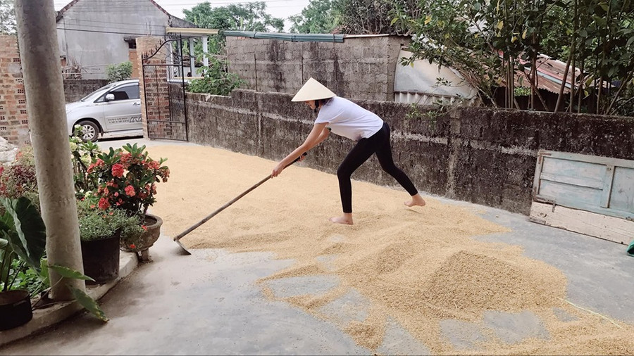 Chân dài Lê Thúy tất bật phơi thóc, rửa bát cho gia đình dịp lễ-1
