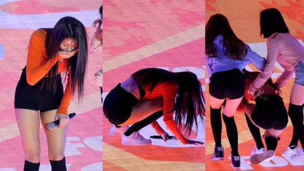 Xót xa những khoảnh khắc thần tượng Kpop kiệt sức ngã quỵ trên sân khấu ảnh 2 Seol Hyun ngã quỵ tại sân khấu sau tiết mục khiến nhiều khán giả lo lắng.