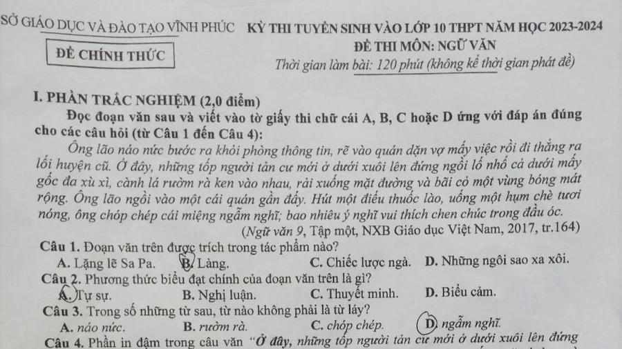 Gợi ý giải đề Ngữ văn vào lớp 10 Vĩnh Phúc 2023