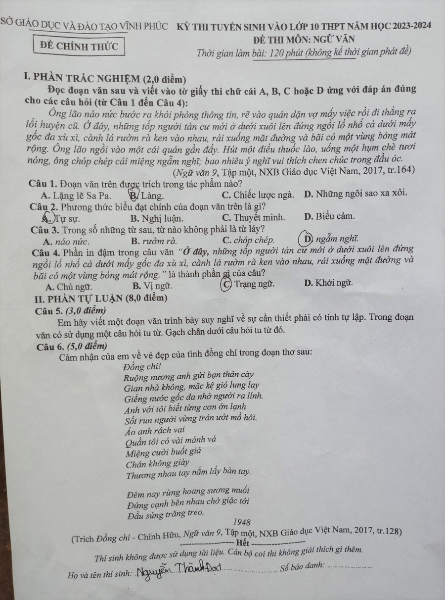 Đề Ngữ văn vào lớp 10 năm 2023 của Vĩnh Phúc. Ảnh Văn Lự Đề Ngữ văn vào lớp 10 năm 2023 của Vĩnh Phúc. Ảnh Văn Lự