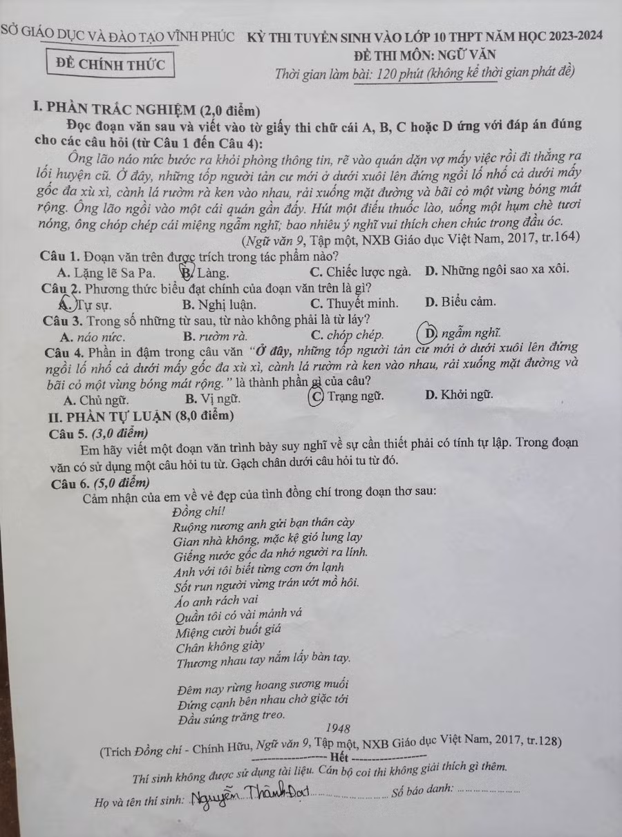 Đề Ngữ văn vào lớp 10 năm 2023 của Vĩnh Phúc. Ảnh Văn Lự
