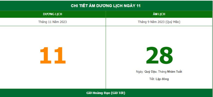 Xem lịch âm hôm nay ngày 11/11/2023. 
